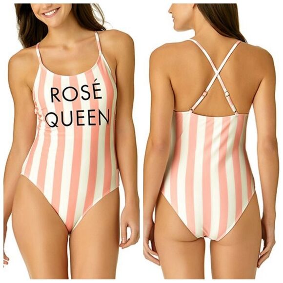 NWT|Rosé Queen One-Piece Cross-Back Striped Swimsuit, MEDIUM - Picture 1 of 8
